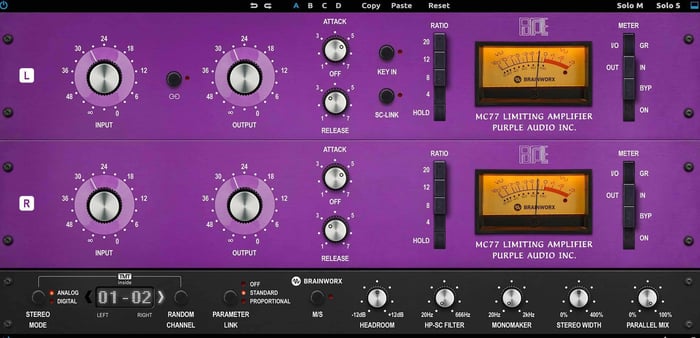 Rock bass compression settings in Purple Audio MC 77