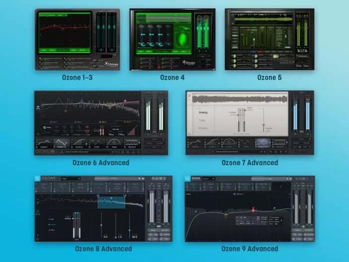 iZotope Ozone GUIs through the years - Ozone 1-3,Ozone 4, Ozone 5, Ozone 6 Advanced, Ozone 7 Advanced, Ozone 8 Advanced and Ozone 9 Advanced
