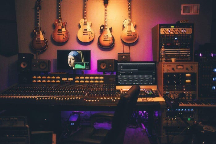 recording studio with audio production hardware