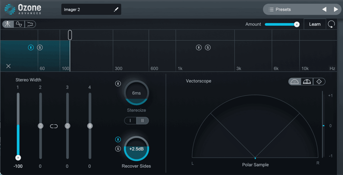 Narrowing the frequencies 125 Hz and below to 100% mono with Ozone Imager