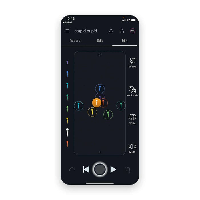 The Spire app Mix tab allows you to drag tracks left and right for panning, and up and down for volume
