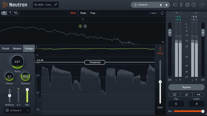 iZotope Neutron bass compression, medium attack and a slow release for a smoother sound