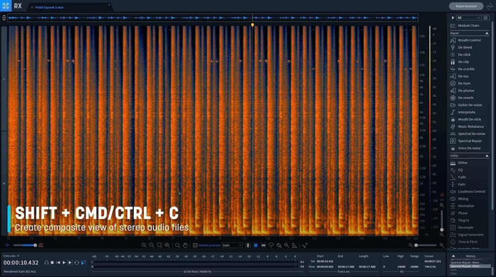 Create a composite view of stereo tracks in RX using keyboard shortcuts