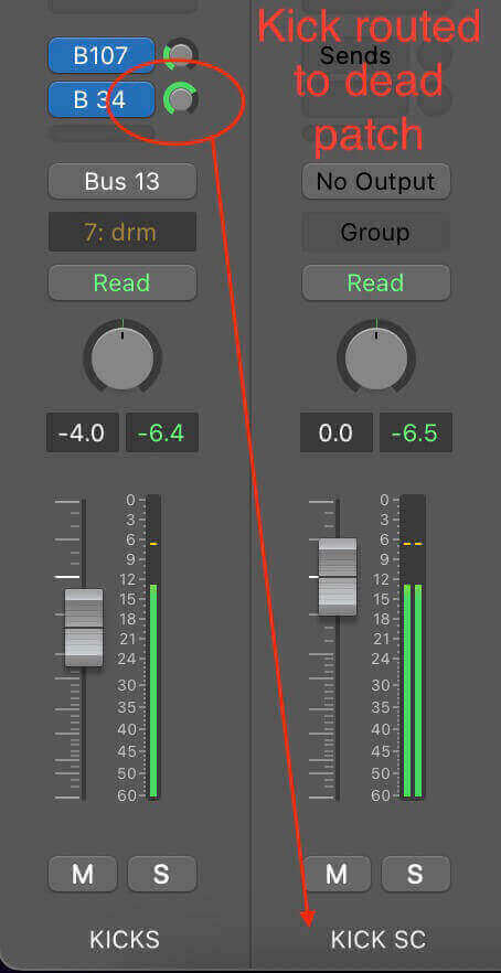 Kick routed to dead patch