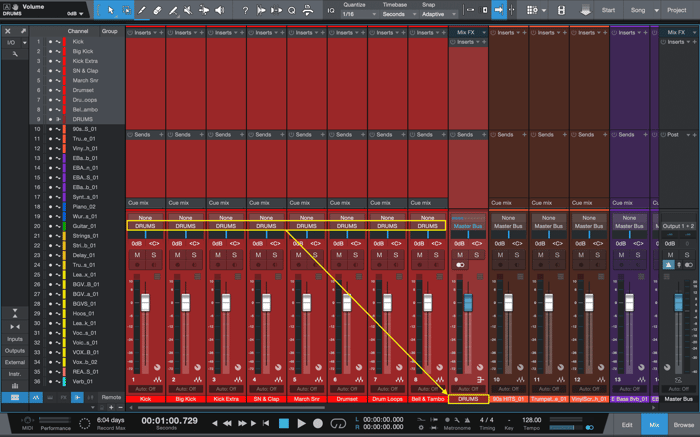 Drum channels routed to a drum subgroup bus (yellow)