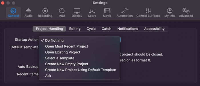 Options for opening a new session in Logic
