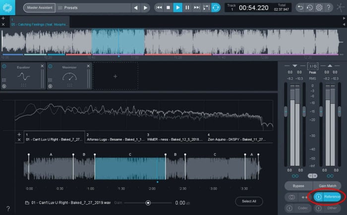 Ozone's Track Reference feature allows you to listen to multiple reference tracks with ease within your mix session