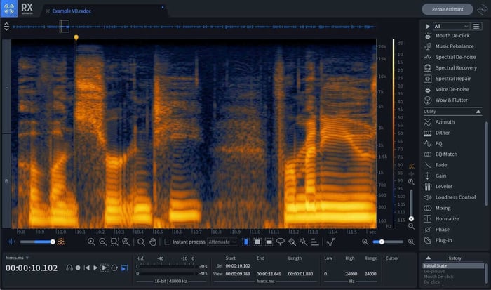 The Spectral Editor illustrates the frequency range of a voiceover recording