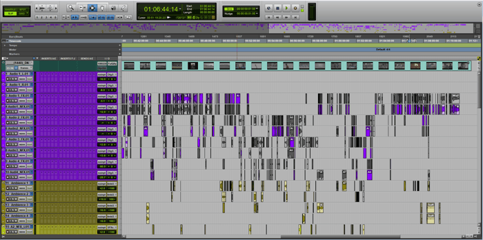 An AAF file opened in Pro Tools that has been organized with color-coding