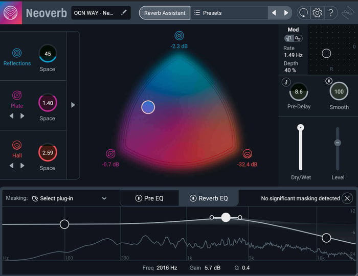 Reverb blended in Neoverb to taste with a mix of room, hall, and plate