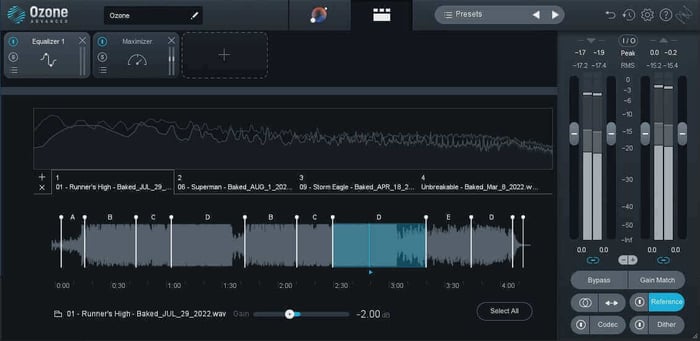 Ozone has multiple built-in features that offer a seamless and intuitive A/B listening experience between your music and reference tracks