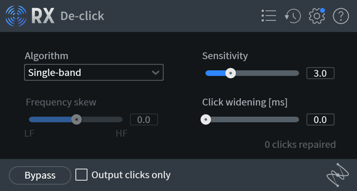 The De-click module is easy to set up for detailed de-clicking: the critical parameter here is Sensitivity.