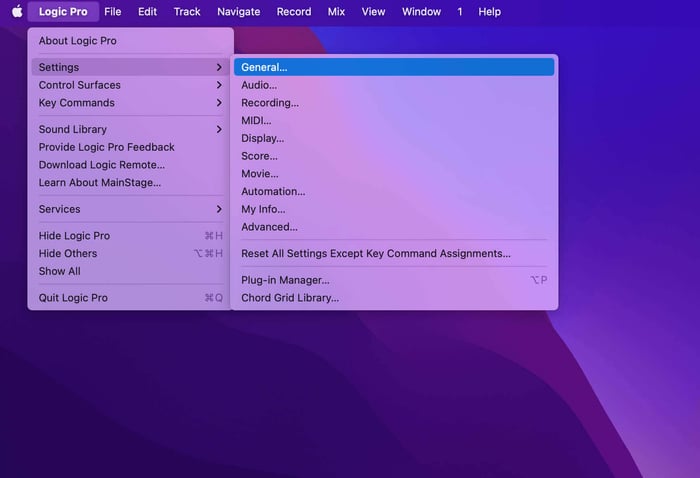 Logic pro X general settings