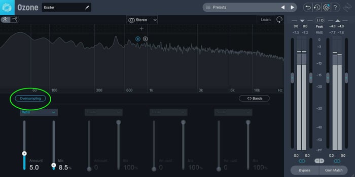 Enabling Oversampling in your Exciter module allots more processing power towards increasing the sampling rate used by Ozone to generate these harmonics, therefore reducing the effects of aliasing