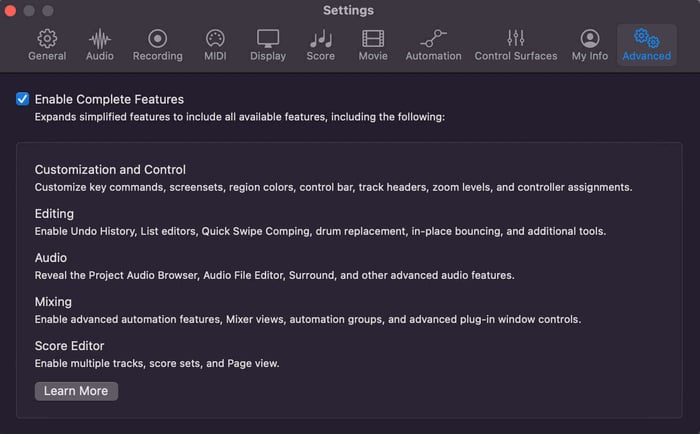 Logic settings advanced tab