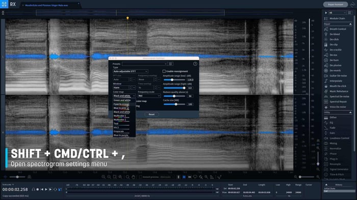 Alter aspects of the spectrogram’s colormap and type of calculation algorithm by pressing shift, command or control, and comma