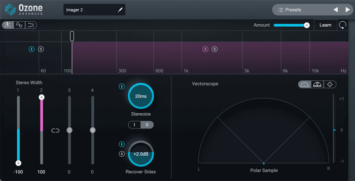 Ozone Imager settings for narrowing everything from 125 Hz and below to 100% mono, recovering 2 dB of side information from 125 Hz and below, and widening all frequencies from 125 Hz and above.