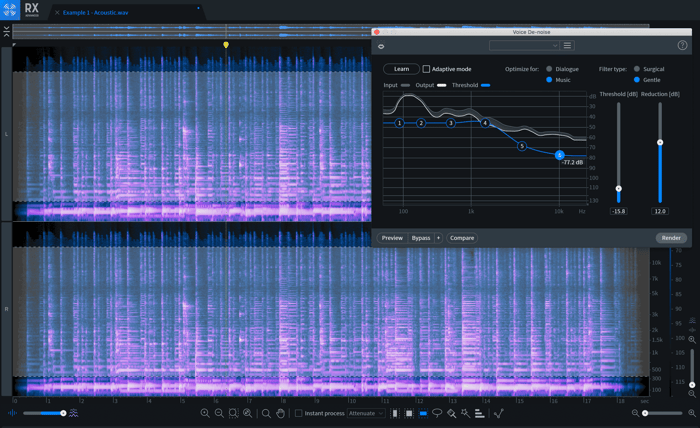 Voice De-noise learned the profile of my recording’s room noise, giving me some initial settings for adding clarity to my take.