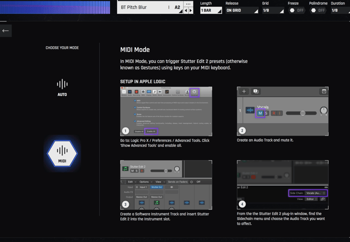 Stutter Edit 2 showing how to set up MIDI Mode in your DAW (Logic Pro X in this case)