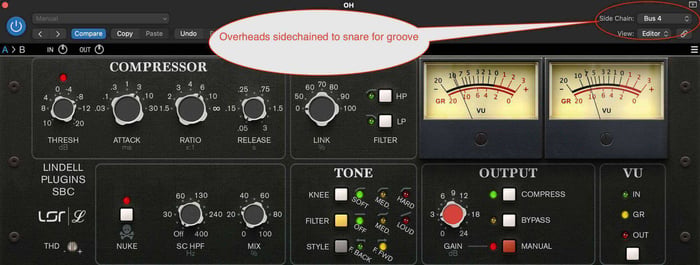 Lindell SBC on overheads and sidechained to the snare