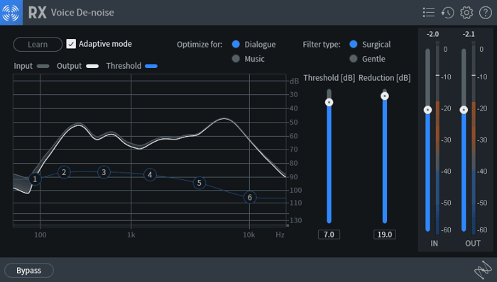 iZotope Voice De-Noise module samples constant background noise and removes it from podcast vocal