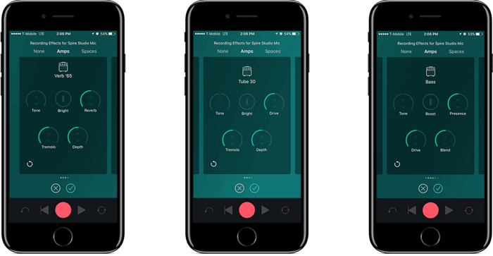 Three amp emulations available on the Spire app: Verb ‘65, Tube 30, and Bass