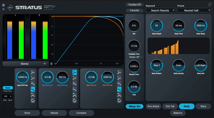 Medium, natural hall preset in STRATUS with altered input filtering and early reflections