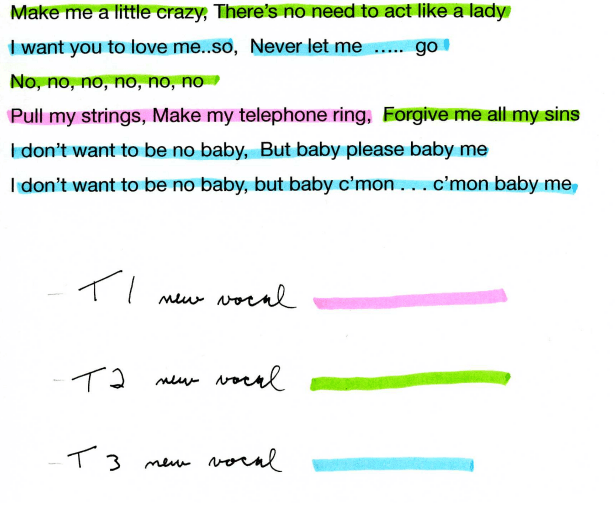 Color-coded lyrics sheet, marking good takes of a vocal performance