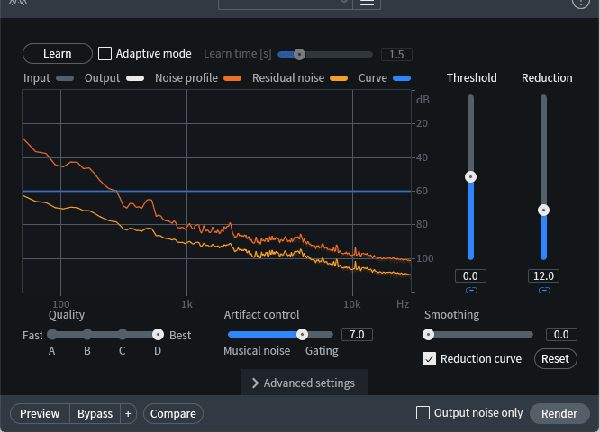 The noise profile for Spectral De-noise is chosen from the chunk of audio highlighted in the screenshot above.