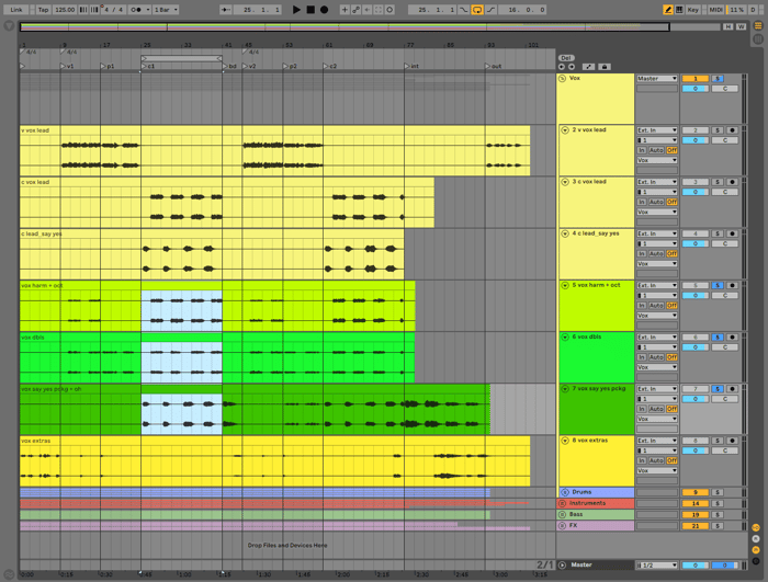 “Say Yes” vocal tracks, with the backing vocals from the first chorus highlighted in blue.
