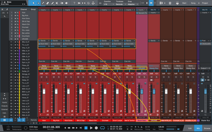 Drum channels with sends to an aux (orange), all routed to a subgroup (yellow)