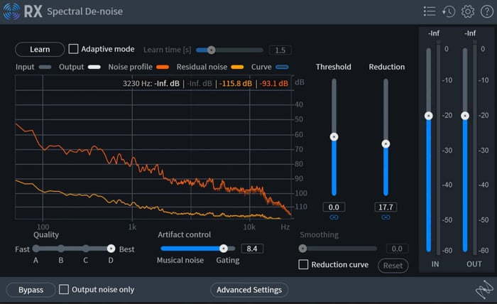 Settings in RX Spectral De-noise tweaked after learning the noise profile of the room