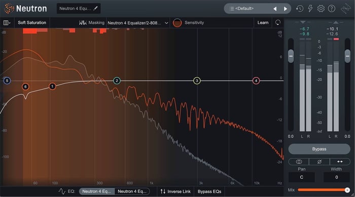 Frequency masking identified in the kick and bass in bright orange