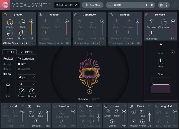 The Polyvox module activated on VocalSynth 2, along with distortion, filter, and delay