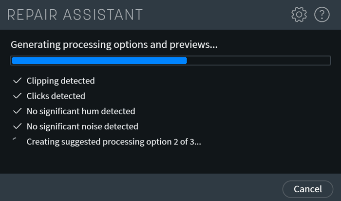 Repair Assistant window, showing it has detected clipping and clicks in my acoustic guitar track