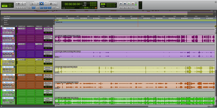 Dialogue, music, and sound effects tracks routed to different tracks for easy separation