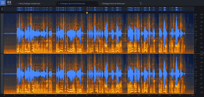Voice De-noise kicks in halfway through the file shown above. The playback head marks the start of processing.