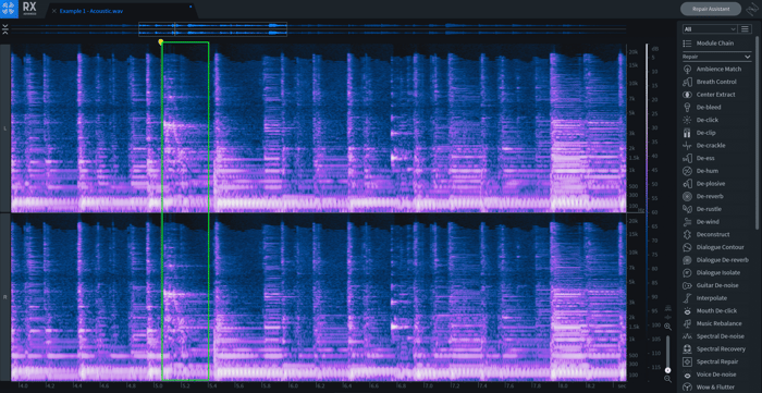 Zoomed-in view of a prominent fret squeak on RX spectrogram display