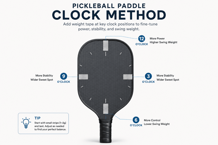 Pickleball weight placement clock method — 12, 3, 6, and 9 o'clock paddle positions