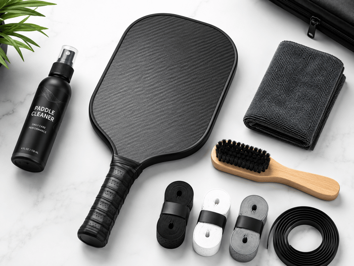 How to clean pickleball paddle — supplies including microfiber cloth, brush, and paddle cleaner