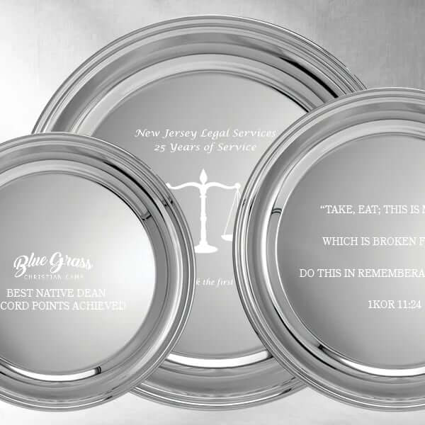Custom silver tray awards with detailed text and design engraving