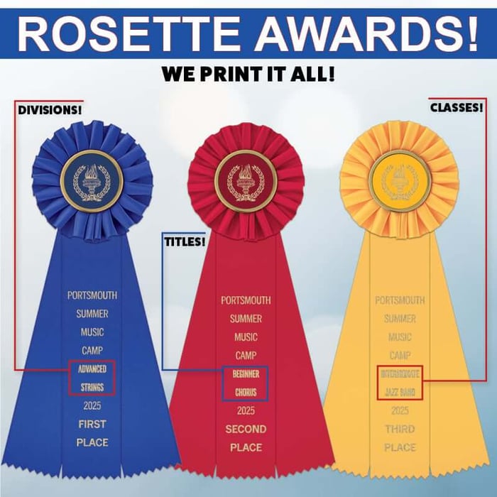 We print standard and custom divisions, classes, titles, and names on custom award rosettes