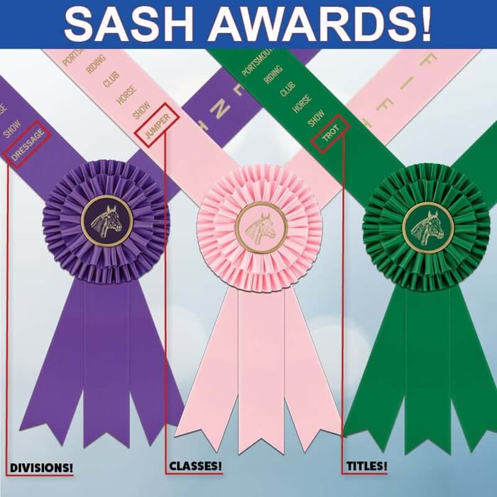 We print standard and custom divisions, classes, titles, and names on custom award sashes