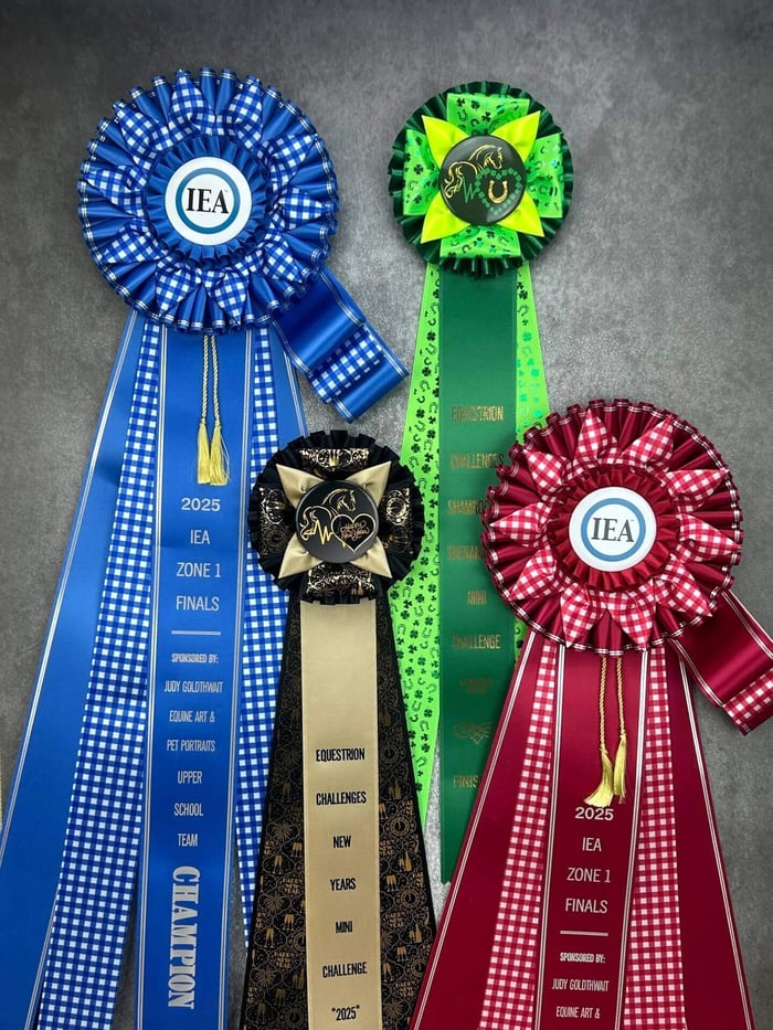 Custom award rosettes customized in bright colors and beautiful ribbon designs.