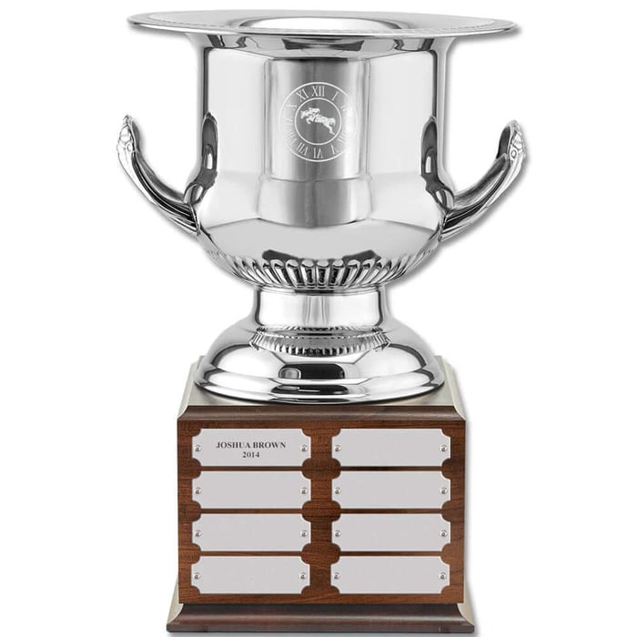 Custom engraved wine cooler silver awards on perpetual base.
