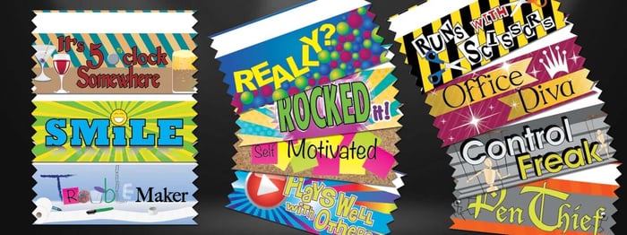 Stock and quick ship pack of Fun at Work colorful multicolor horizontal tape top badge ribbons.