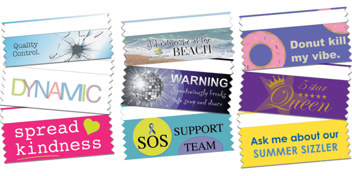 Colorful, bold, custom multicolor horizontal tape top badge ribbons.