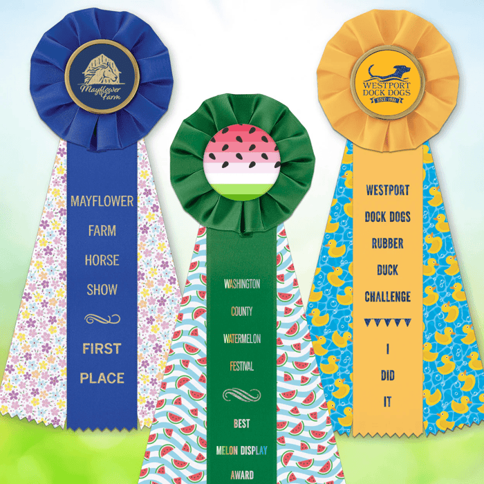 Popular custom rosette awards personalized with completely custom designed multicolor side streamers