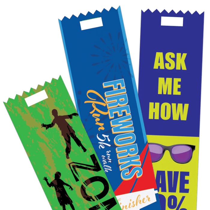 Colorful, vibrant, custom multicolor vertical tape top badge ribbons.