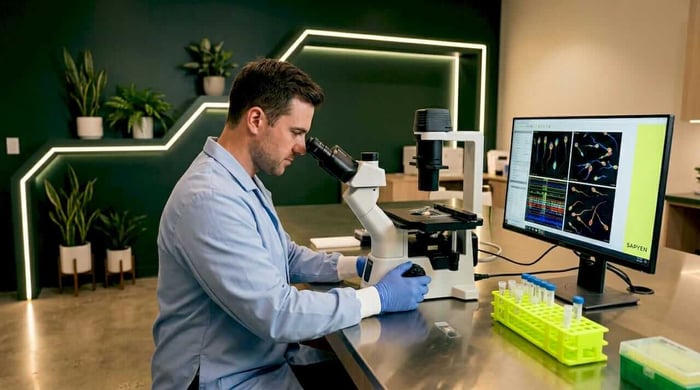 Lab technician analyzing semen sample under microscope